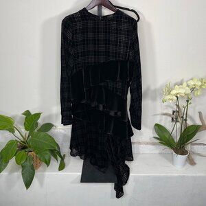 J KOO x Barneys New York Black Plaid Velvet Ruffle Asymmetric Skirt Set Size S